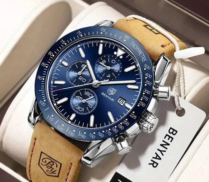 Reloj Hombre BENYAR BIETO Clásico-Sport Cuarzo Cuero Genuino, CAFÉ Cristal Mineral BENYAR