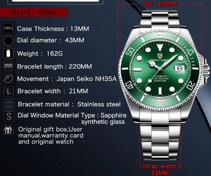 Reloj Hombre Pagani SUBMARINER GREEN Maquinaria Automatica Seiko, Acero Quirurgico, 100% Original